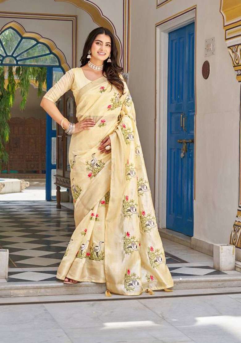 Cream Embroidery Blended Saree Set for Diwali and Festive Wear - Indya