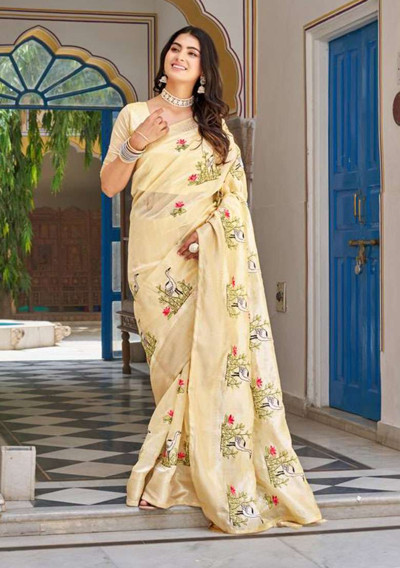 Cream Embroidery Blended Saree Set for Diwali and Festive Wear - Indya