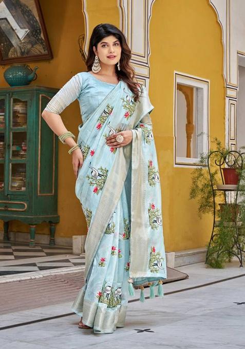 Sky Embroidery Blended Saree Set