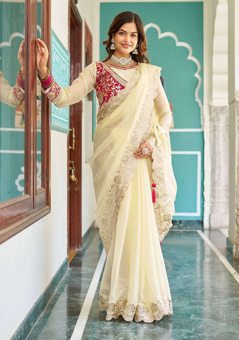 Pink Embroidery Silk Blend Saree Set for Diwali and Festive Wear - Indya