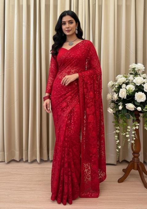 Red Embroidery Georgette Saree Set