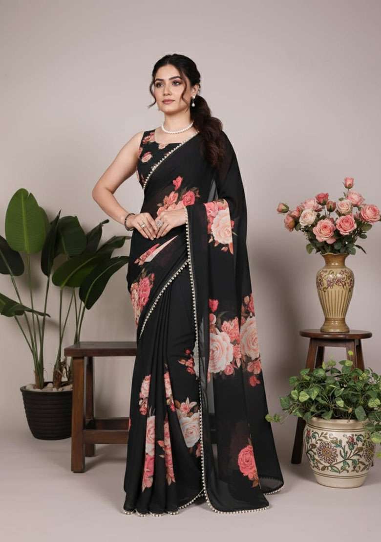 Black Georgette Saree Set with Embroidery for Diwali | Wedding & Festive Wear - Indya
