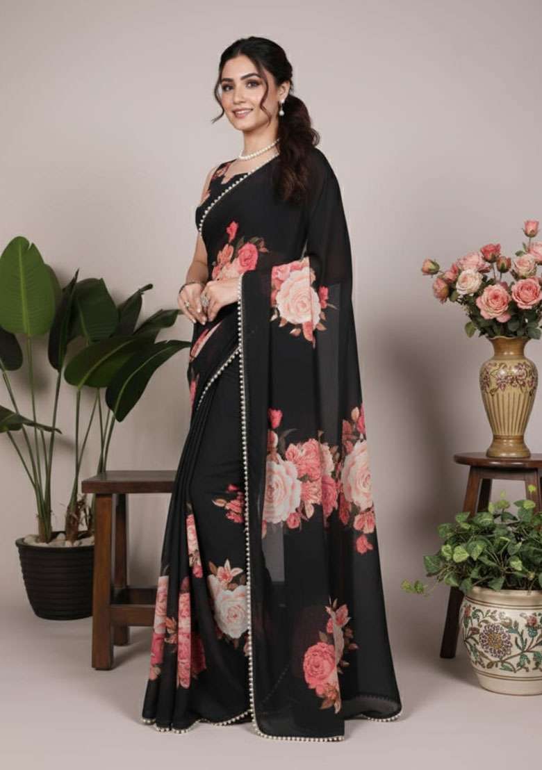 Black Georgette Saree Set with Embroidery for Diwali | Wedding & Festive Wear - Indya