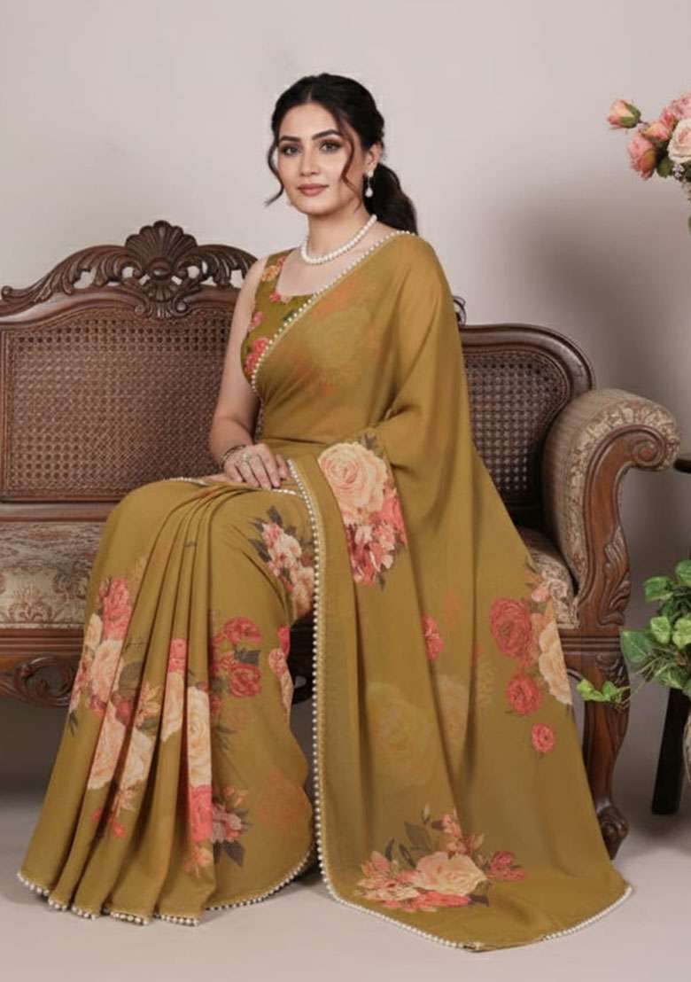 Brown Embroidery Georgette Saree Set for Diwali and Festive Wear - Indya