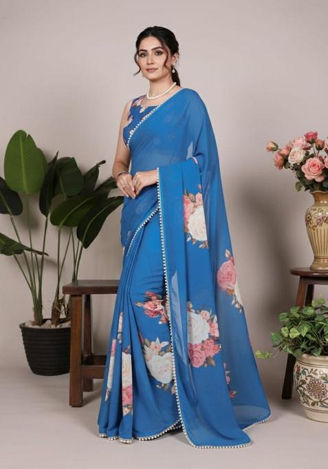 Firozi Embroidery Georgette Saree Set