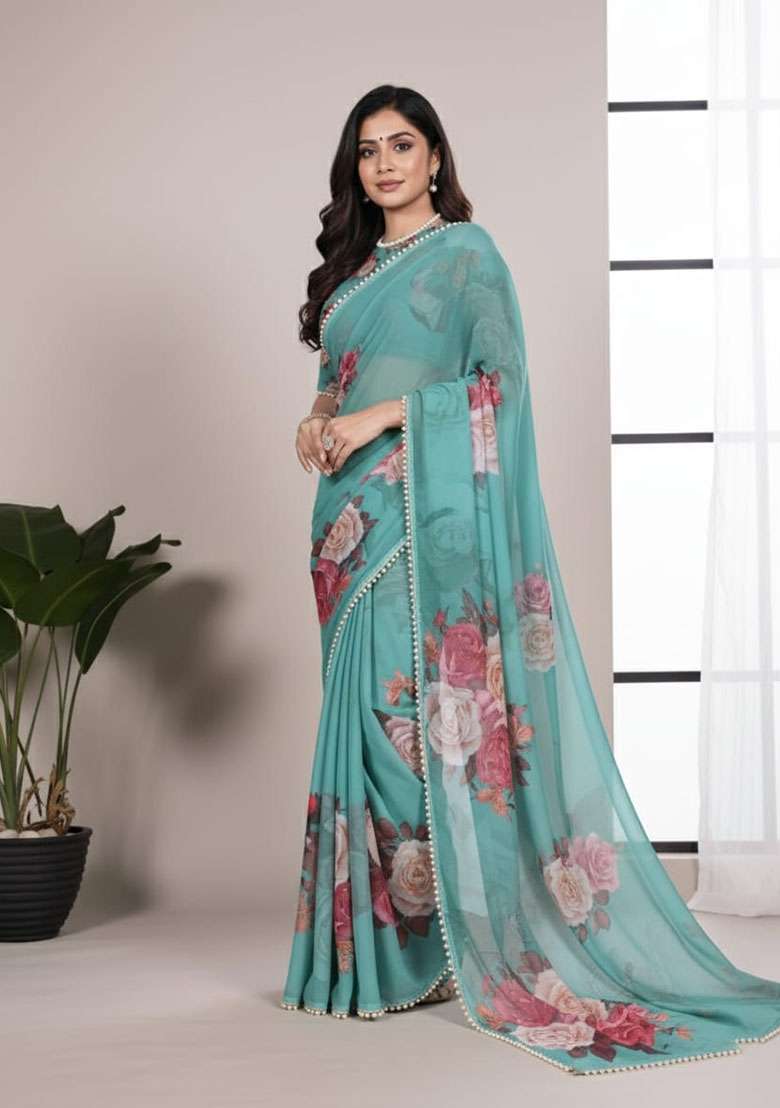 Green Embroidery Georgette Saree Set for Diwali and Festive Wear - Indya