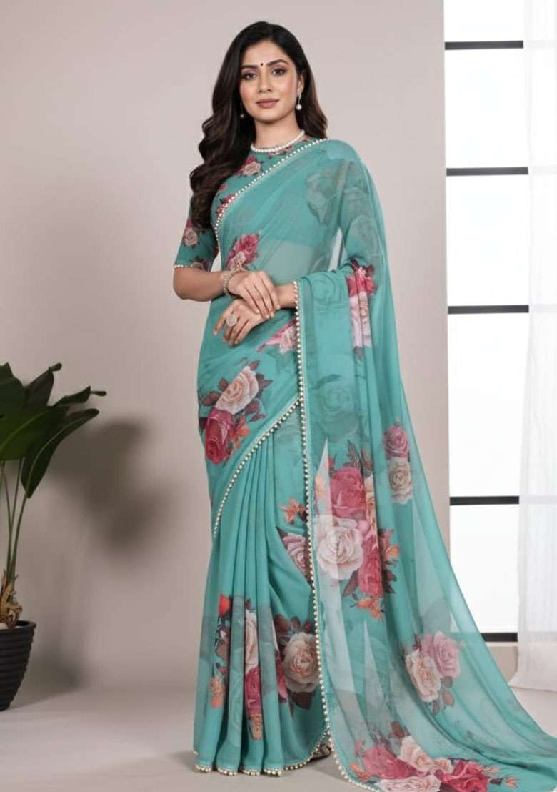 Green Embroidery Georgette Saree Set for Diwali and Festive Wear - Indya