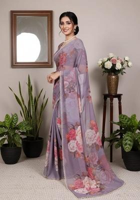 Grey Embroidery Georgette Saree Set