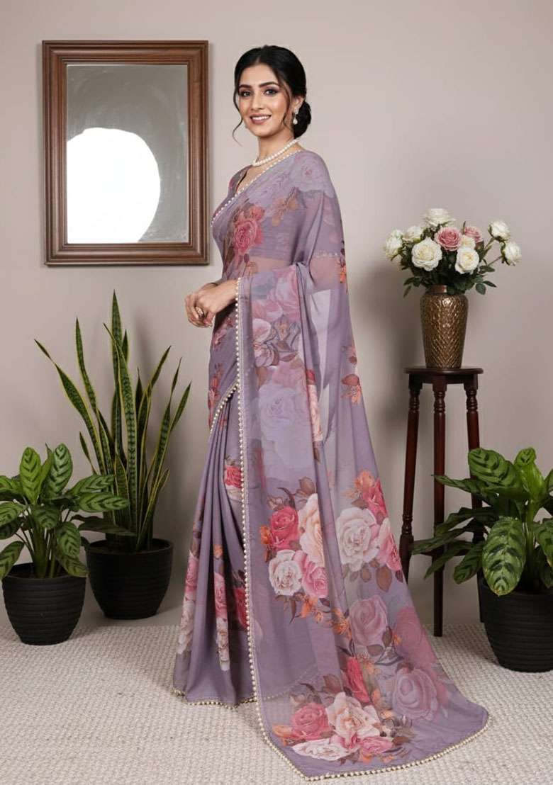 Grey Georgette Saree Set with Embroidery for Diwali | Wedding & Festive Wear - Indya
