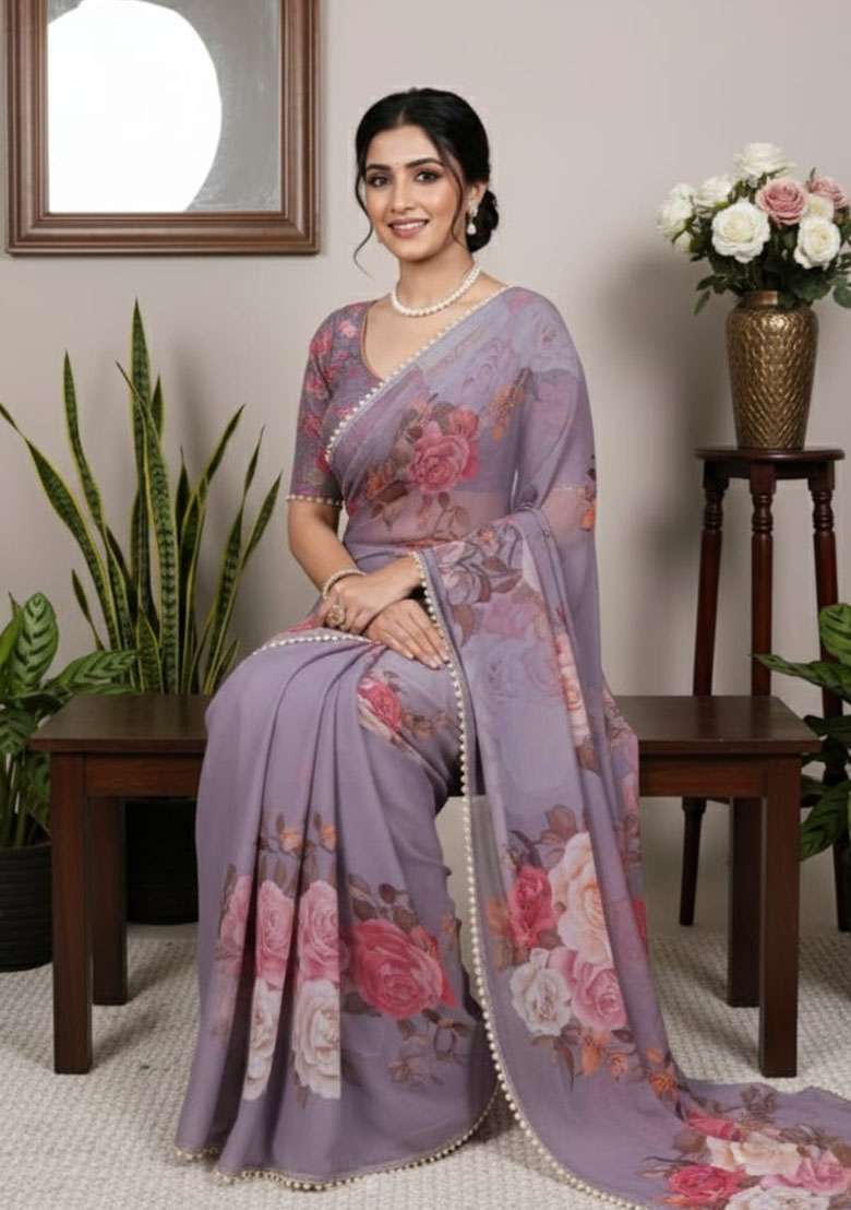 Grey Georgette Saree Set with Embroidery for Diwali | Wedding & Festive Wear - Indya