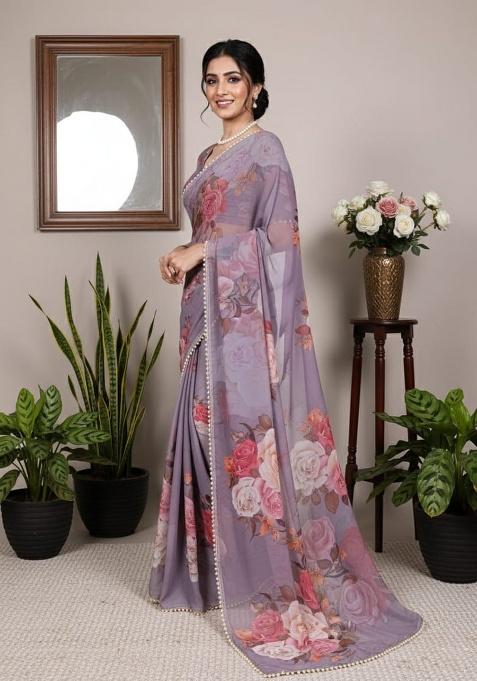 Grey Embroidery Georgette Saree Set