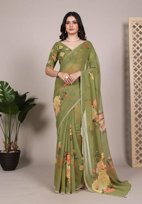 Mehndi Embroidery Georgette Saree Set