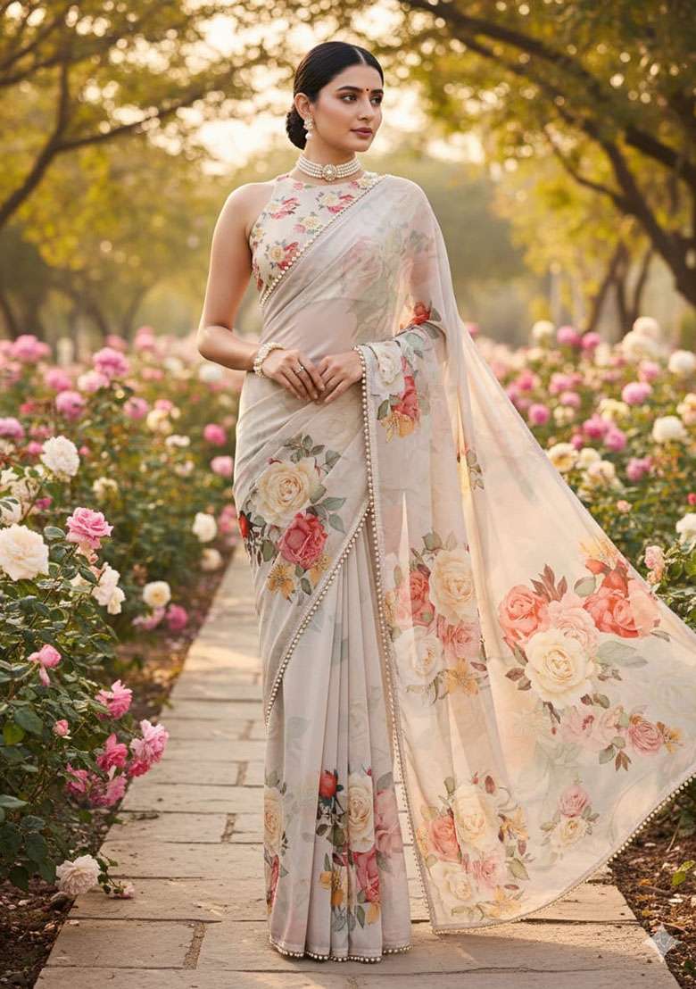 Off Georgette Saree Set with Embroidery for Diwali | Wedding & Festive Wear - Indya