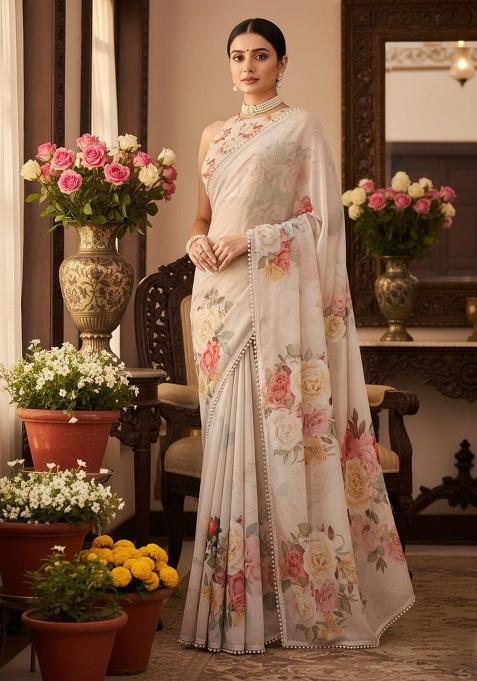 Off Embroidery Georgette Saree Set