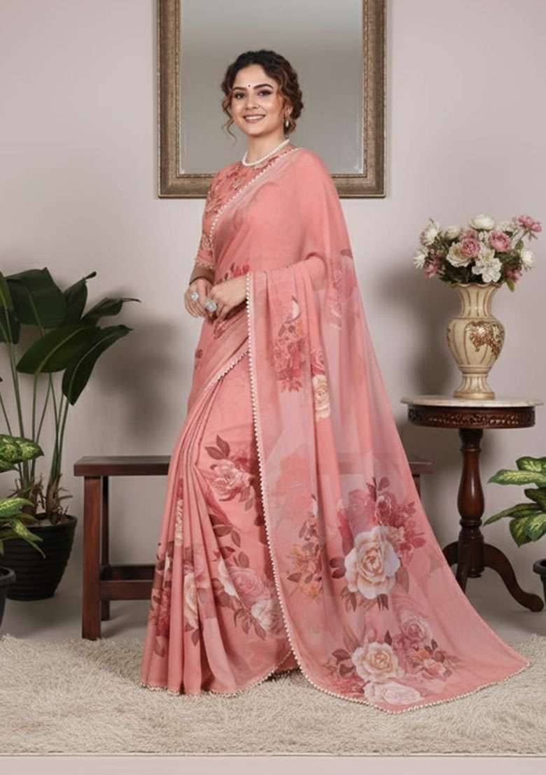 Orange Georgette Saree Set with Embroidery for Diwali | Wedding & Festive Wear - Indya