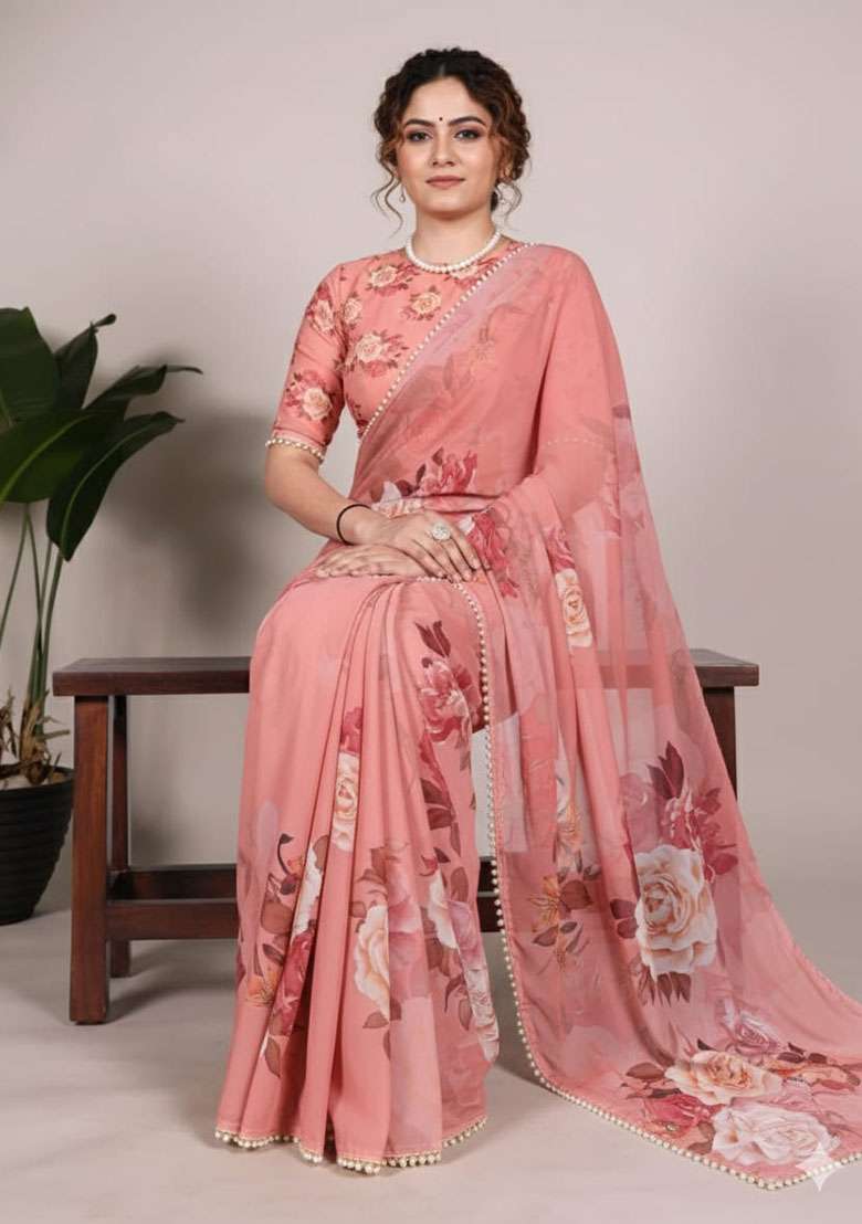 Orange Georgette Saree Set with Embroidery for Diwali | Wedding & Festive Wear - Indya