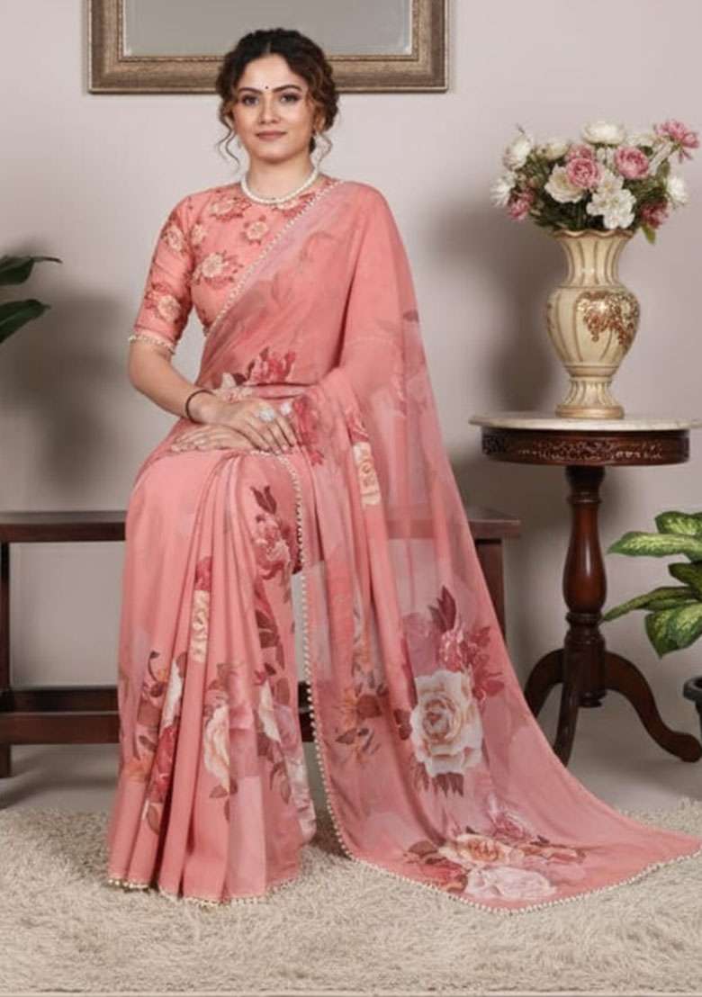 Orange Georgette Saree Set with Embroidery for Diwali | Wedding & Festive Wear - Indya