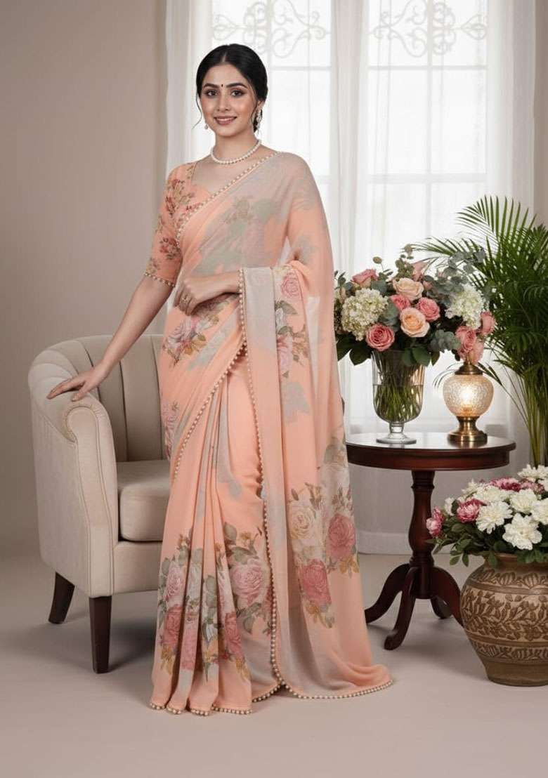 Peach Georgette Saree Set with Embroidery for Diwali | Wedding & Festive Wear - Indya
