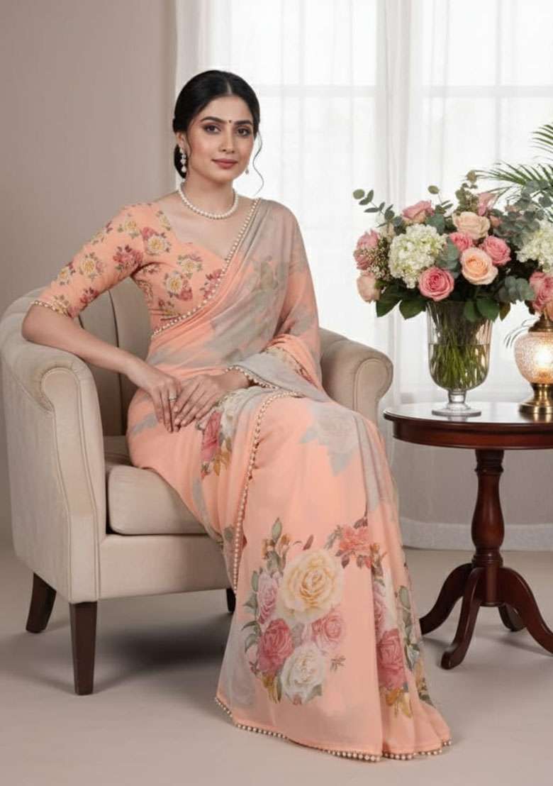 Peach Georgette Saree Set with Embroidery for Diwali | Wedding & Festive Wear - Indya