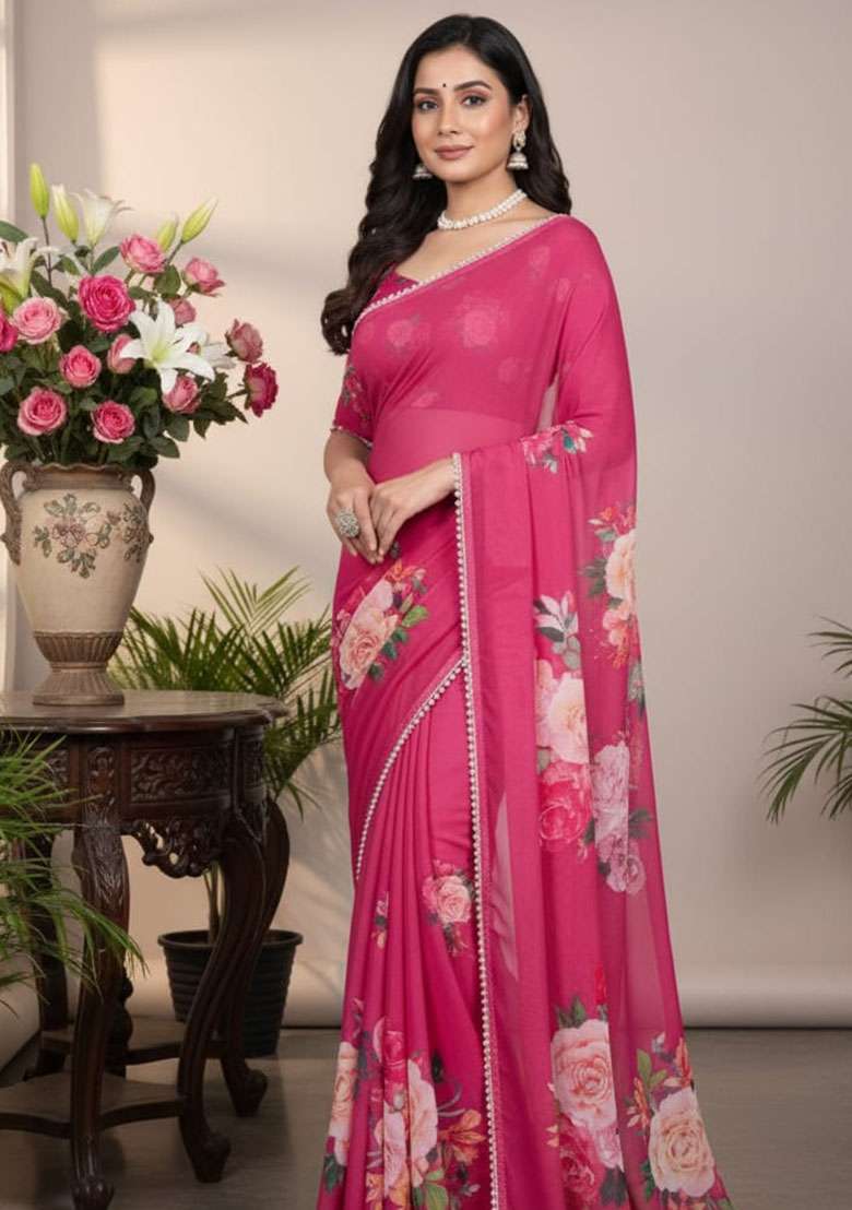 Pink Embroidery Georgette Saree Set for Diwali and Festive Wear - Indya