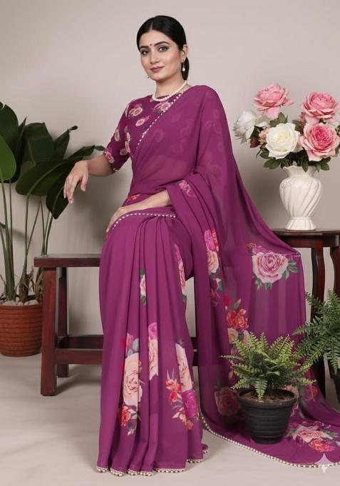Purple Embroidery Georgette Saree Set