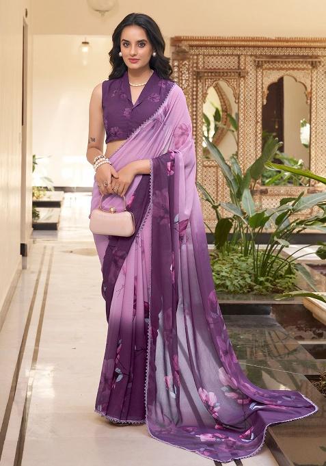 Lavender Embroidery Blended Saree Set