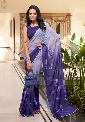 Purple Embroidery Blended Saree Set