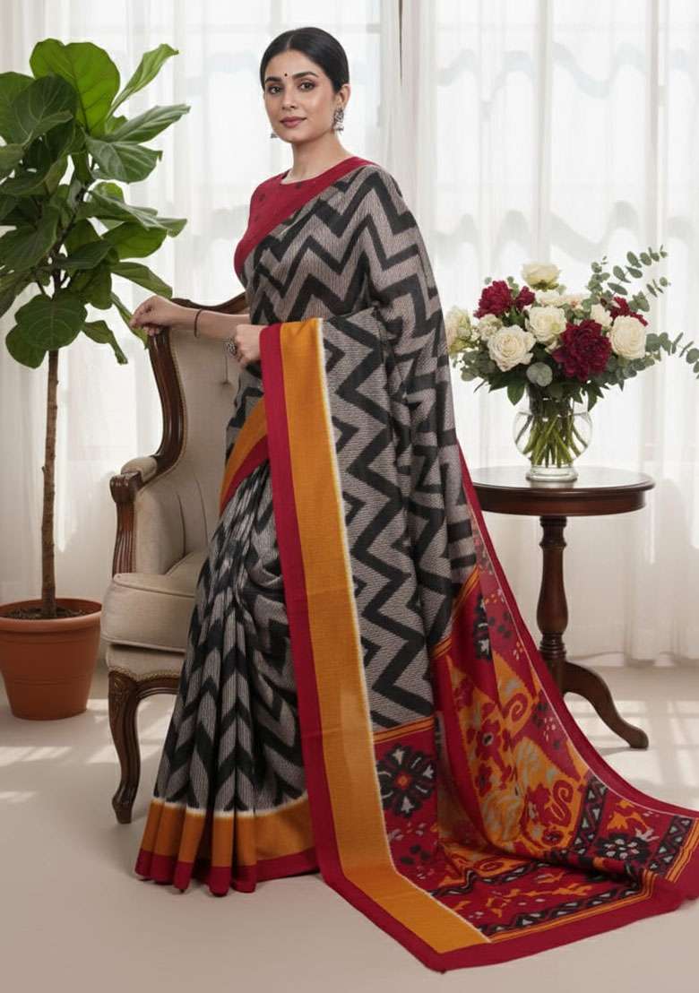 Black Silk Blend Saree Set with Embroidery for Diwali | Wedding & Festive Wear - Indya