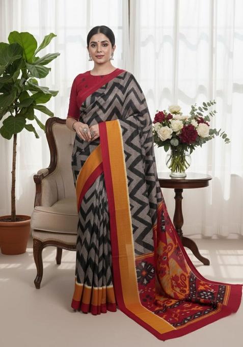 Black Embroidery Silk Saree Set