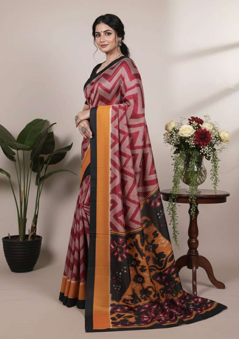 Maroon Embroidery Silk Blend Saree Set for Diwali and Festive Wear - Indya