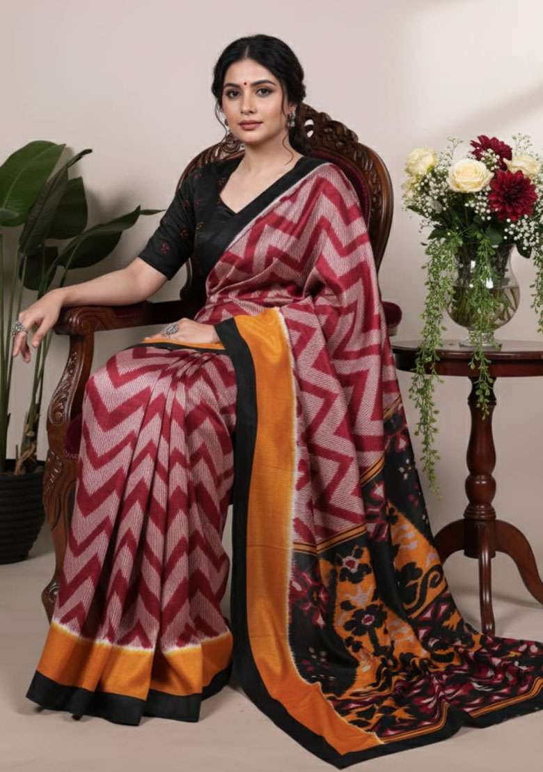 Maroon Embroidery Silk Blend Saree Set for Diwali and Festive Wear - Indya
