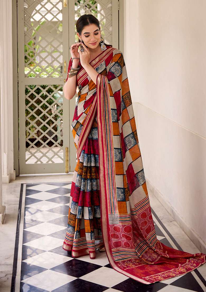 Maroon Viscose Saree Set with Embroidery for Diwali | Wedding & Festive Wear - Indya