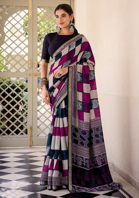 Navy Embroidery Viscose Saree Set