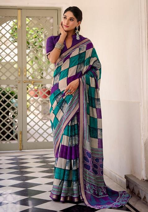 Purple Embroidery Viscose Saree Set