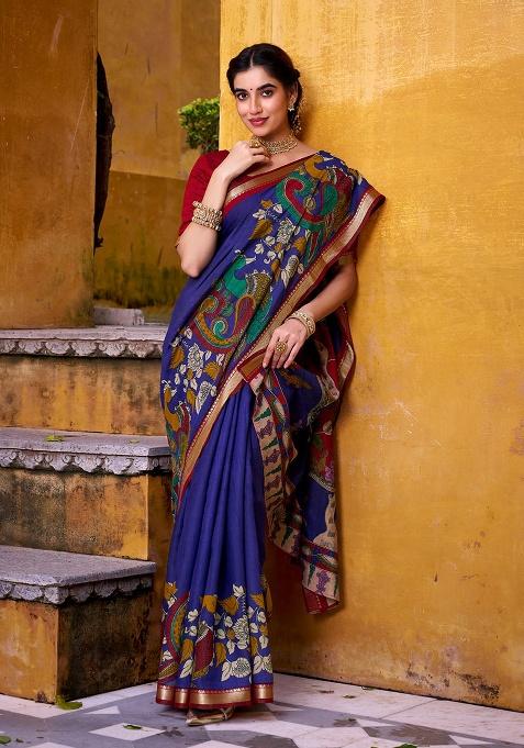 Blue Embroidery Viscose Saree Set