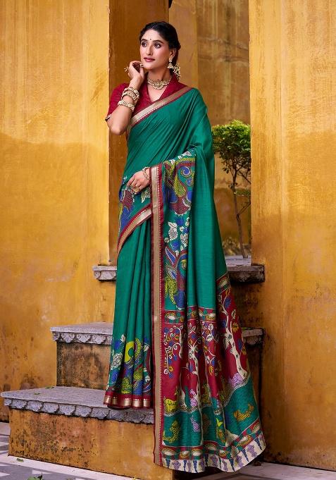 Green Embroidery Viscose Saree Set