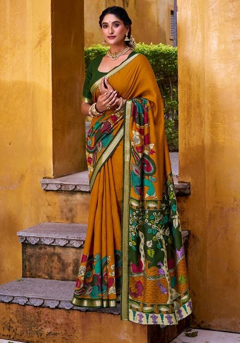 Mustard Embroidery Viscose Saree Set