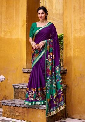 Purple Embroidery Viscose Saree Set