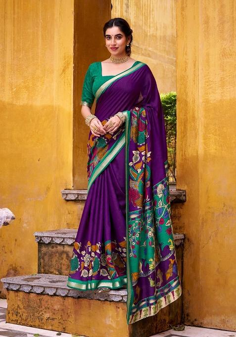 Purple Embroidery Viscose Saree Set
