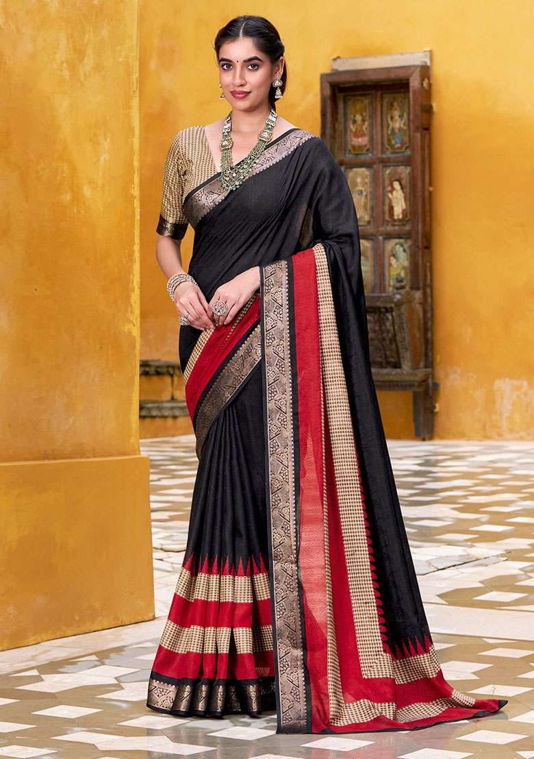 Black Embroidery Cotton Saree Set - Indya