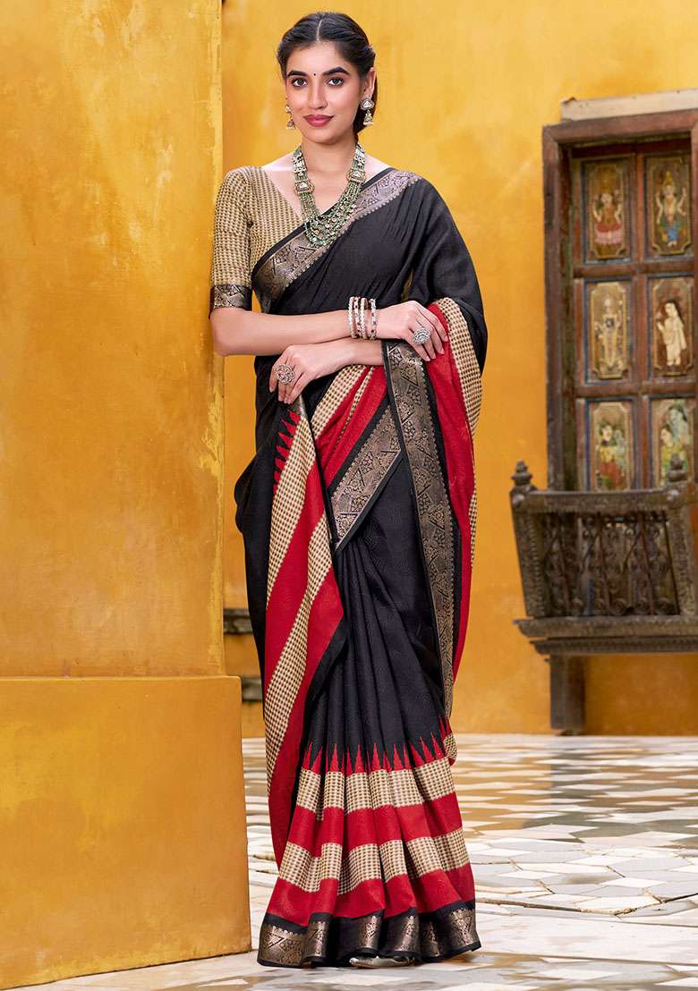 Black Embroidery Cotton Saree Set - Indya