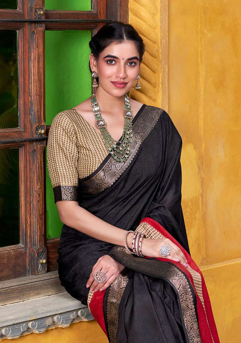 Black Embroidery Cotton Saree Set - Indya
