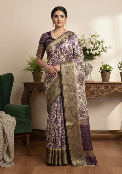 Lavender Embroidery Silk Saree Set