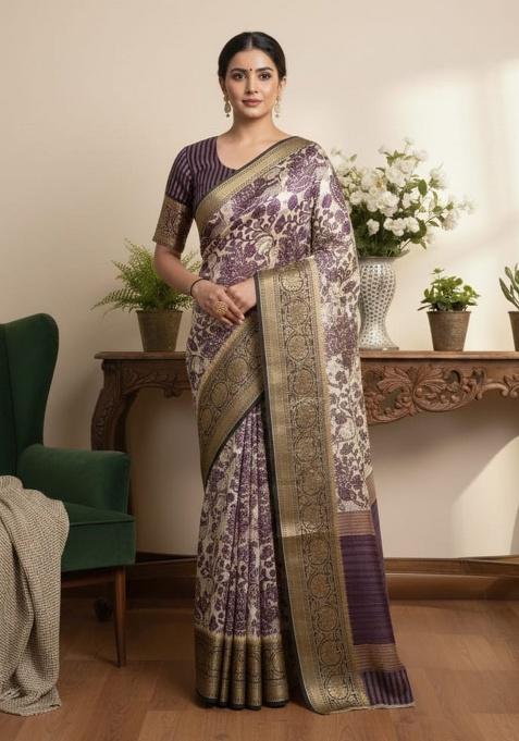 Mehndi Embroidery Silk Saree Set