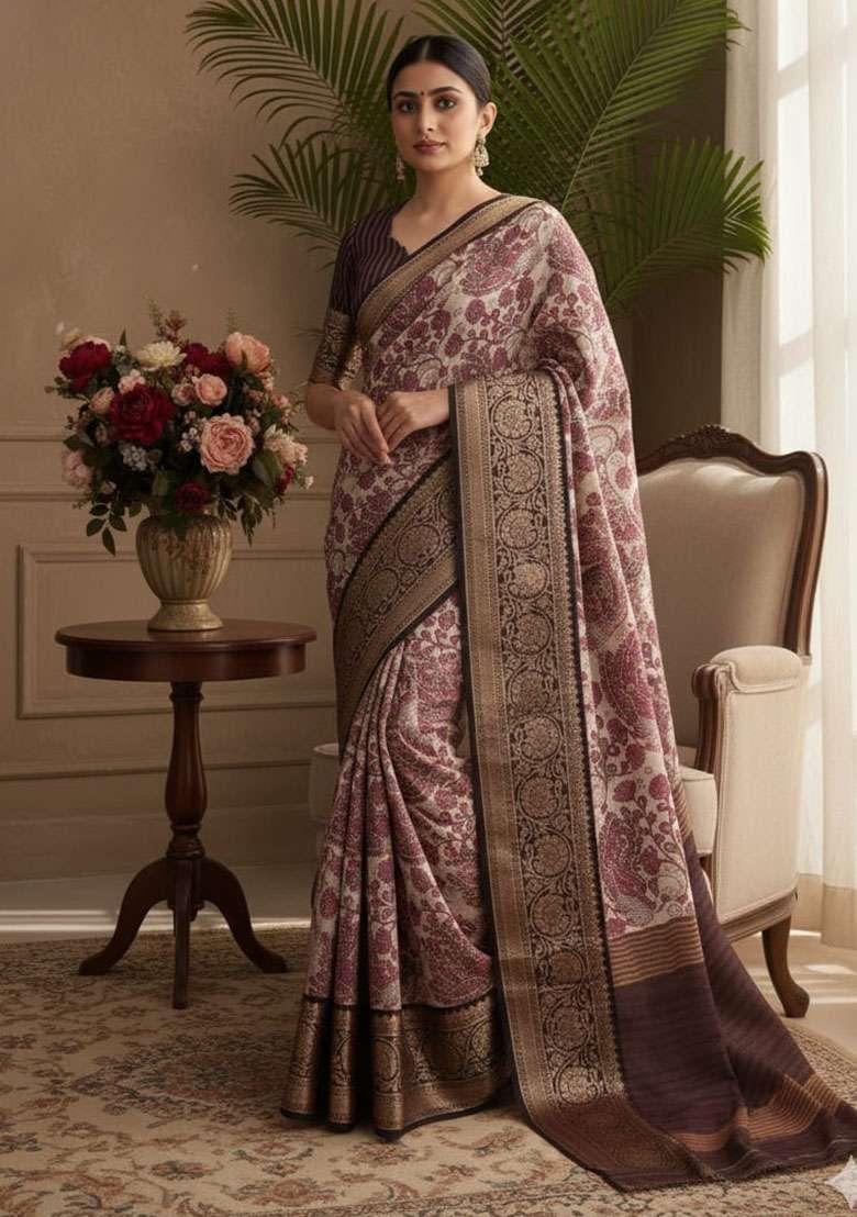 Pink Silk Blend Saree Set with Embroidery for Diwali | Wedding & Festive Wear - Indya