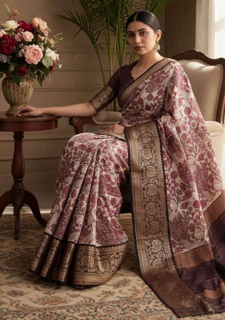 Pink Silk Blend Saree Set with Embroidery for Diwali | Wedding & Festive Wear - Indya