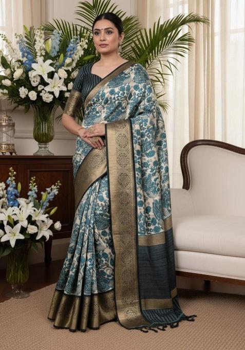 Sky Embroidery Silk Saree Set