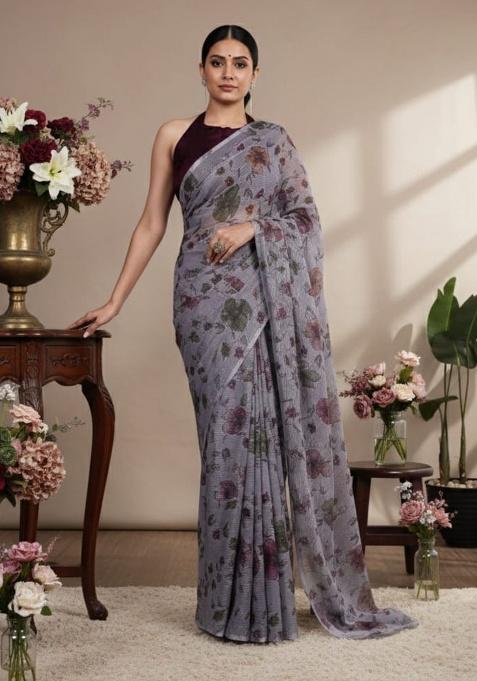 Grey Embroidery Lurex Brasso Saree Set