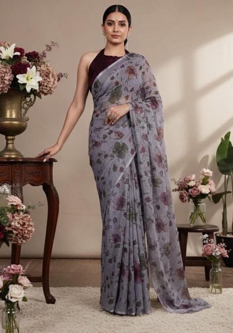 Mehndi Embroidery Lurex Brasso Saree Set