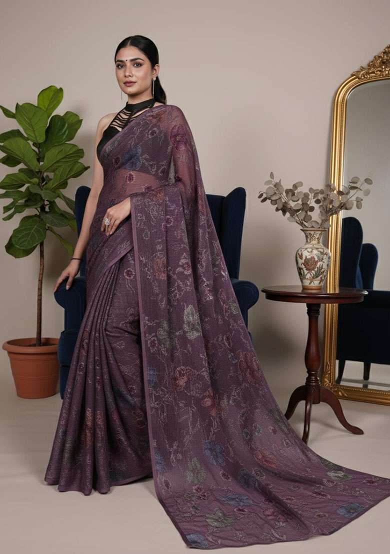 Wine Lurex Brasso Saree Set with Embroidery for Diwali | Wedding & Festive Wear - Indya